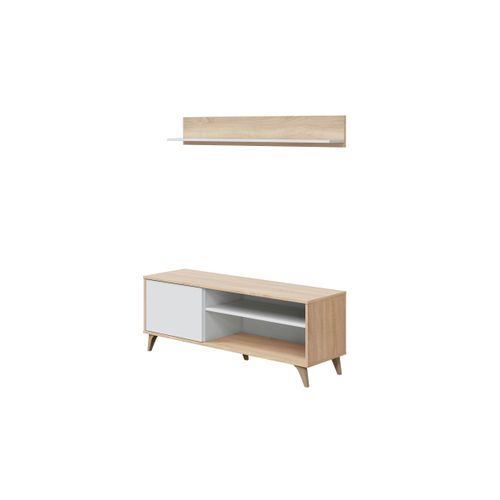 Meuble TV Laura 2 Niches, 1 Porte Et Étagère Murale L135cm -  Blanc / Bois