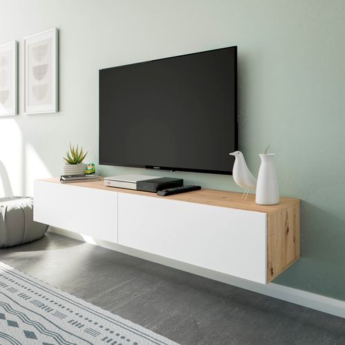 Meuble TV 180cm suspendu ALIZEE imitation chêne/ blanc