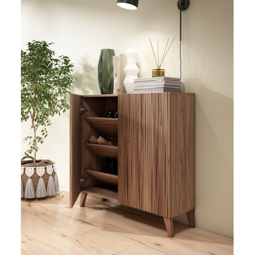 Meuble à Chaussures Modèle Sunne, Noyer Velmore Portes Effet Lattes, 87x90x27 Cm