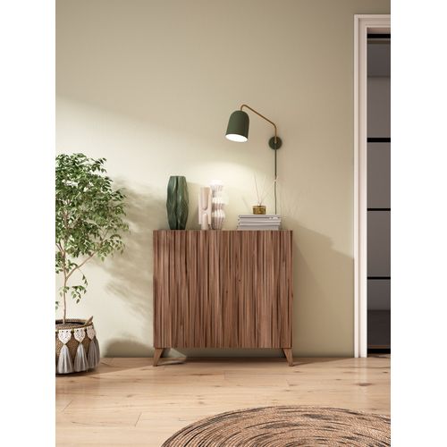 Meuble à Chaussures Modèle Sunne, Noyer Velmore Portes Effet Lattes, 87x90x27 Cm