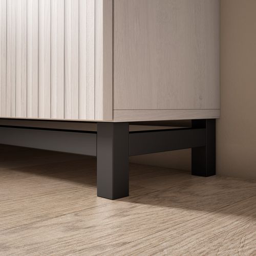 Meuble à Chaussures Modèle Copenhague, Blanc Antique Portes Effet Lattes Pied Graphite, 87x90x27 Cm