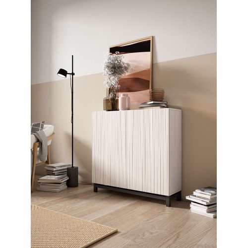 Meuble à Chaussures Modèle Copenhague, Blanc Antique Portes Effet Lattes Pied Graphite, 87x90x27 Cm