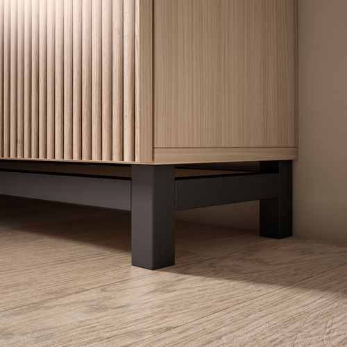 Meuble à Chaussures Modèle Copenhague, Noyer Clair Portes Effet Lattes Pied Graphite, 87x90x27 Cm