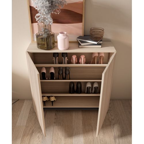 Meuble à Chaussures Modèle Copenhague, Noyer Clair Portes Effet Lattes Pied Graphite, 87x90x27 Cm