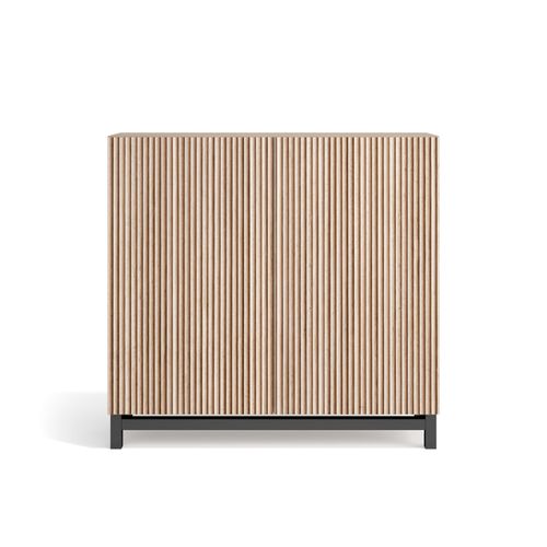 Meuble à Chaussures Modèle Copenhague, Noyer Clair Portes Effet Lattes Pied Graphite, 87x90x27 Cm