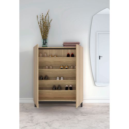 Meuble à Chaussures, Modèle Lofoten, En Mélamine En Couleur Chêne Doré, Dessin Lattes Et Pied Noir