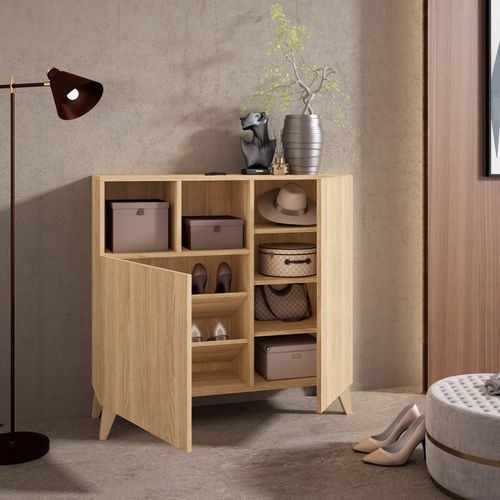Meuble à Chaussures En Mélamine, Modèle Moss, Coloris Chêne Doré, 87x90x27 Cm