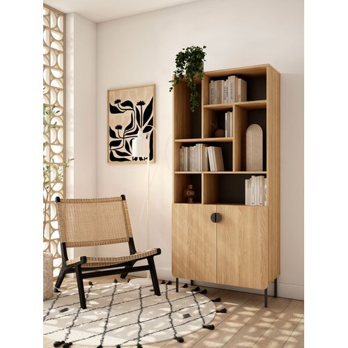 Bibliothèque Multifonction Tokyo Mélaminé, 8 Compartiments, Chêne Doré Et Graphite, 178x80x31cm