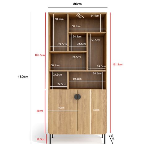 Bibliothèque Multifonction Tokyo Mélaminé, 8 Compartiments, Chêne Doré, 178x80x31cm