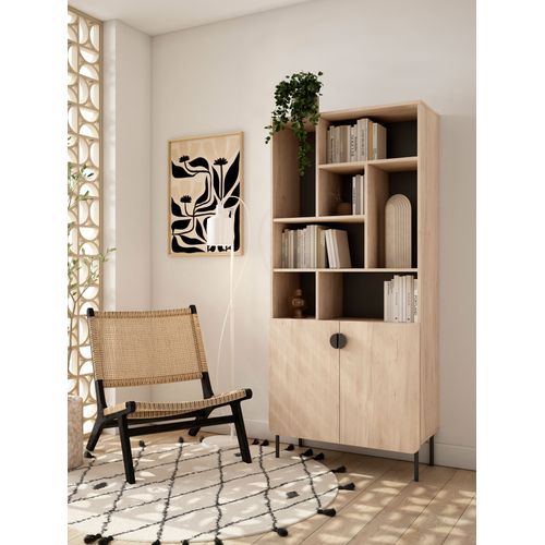 Bibliothèque Multifonction Tokyo Mélaminé, 8 Compartiments, Chêne Clair Et Graphite, 178x80x31cm