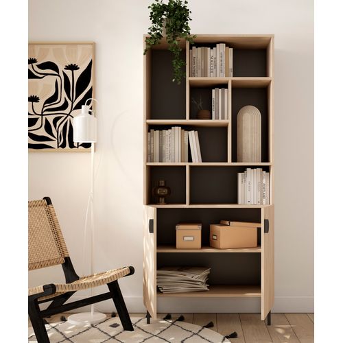 Bibliothèque Multifonction Tokyo Mélaminé, 8 Compartiments, Chêne Clair Et Graphite, 178x80x31cm