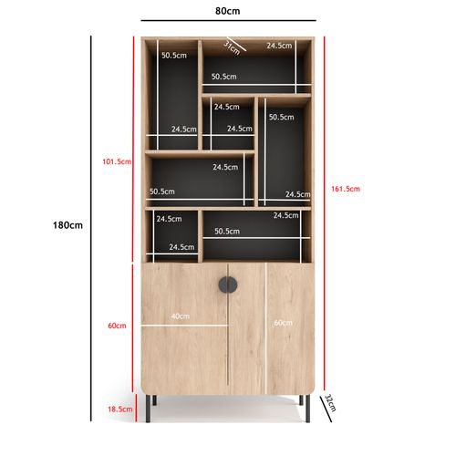 Bibliothèque Multifonction Tokyo Mélaminé, 8 Compartiments, Chêne Clair Et Graphite, 178x80x31cm