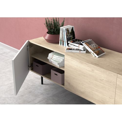 Meuble TV, Collection Printed, En Mélamine Avec 3 Portes. Chêne Clair-blanc