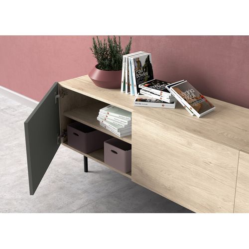 Meuble TV, Collection Printed, En Mélamine Avec 3 Portes. Chêne Clair-graphite