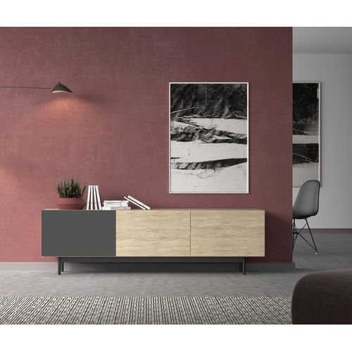 Meuble TV, Collection Printed, En Mélamine Avec 3 Portes. Chêne Clair-graphite