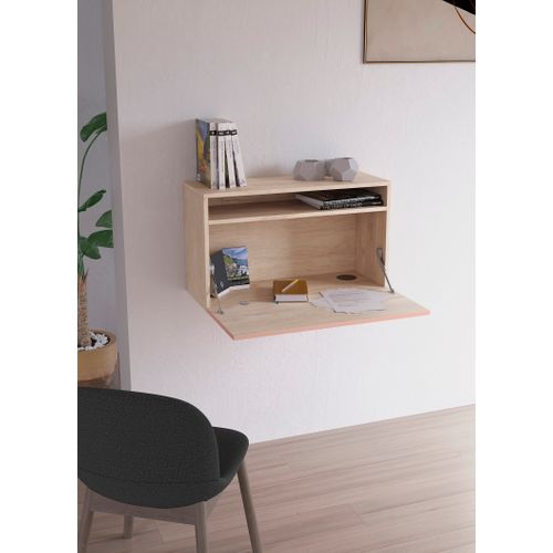 Bureau Mural En Mélamine Avec Porte Rabatable , Modèle Oporto En Couleur Chêne Clair Et Rose