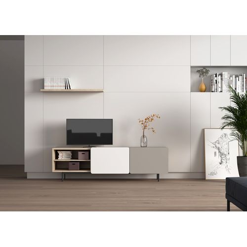 Meuble TV, Collection Biscuit, En Mélamine Avec 2 Portes Et 2 Étagères. Chêne Clair-taupe-blanc