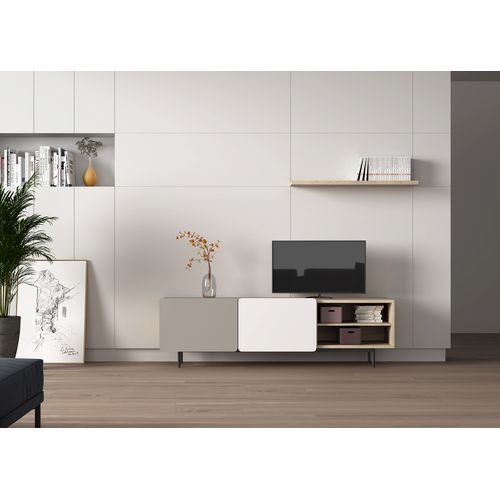 Meuble TV, Collection Biscuit, En Mélamine Avec 2 Portes Et 2 Étagères. Chêne Clair-taupe-blanc