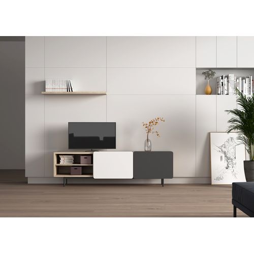 Meuble TV, Collection Biscuit, En Mélamine Avec 2 Portes Et 2 Étagères. Chêne Clair-graphite-blanc