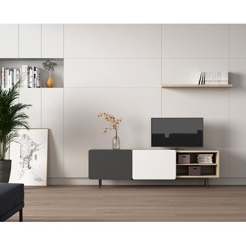 Meuble TV, Collection Biscuit, En Mélamine Avec 2 Portes Et 2 Étagères. Chêne Clair-graphite-blanc