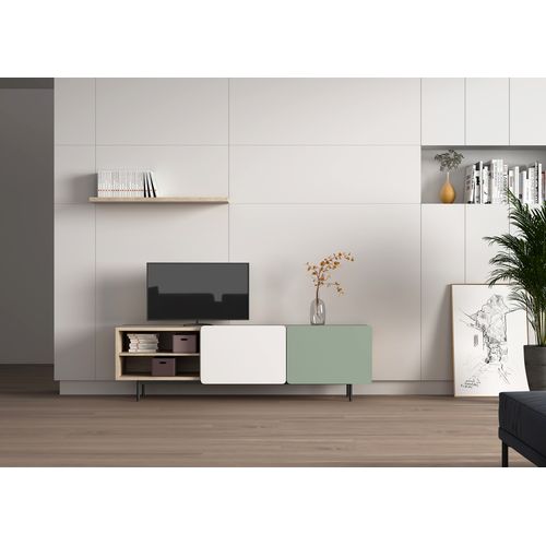 Meuble TV, Collection Biscuit, En Mélamine Avec 2 Portes Et 2 Étagères. Chêne Clair-vert-blanc