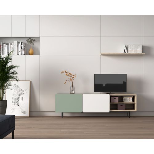 Meuble TV, Collection Biscuit, En Mélamine Avec 2 Portes Et 2 Étagères. Chêne Clair-vert-blanc