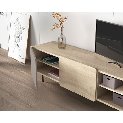 Meuble TV, Collection Biscuit, En Mélamine Avec 2 Portes Et 2 Étagères. Chêne Clair-taupe