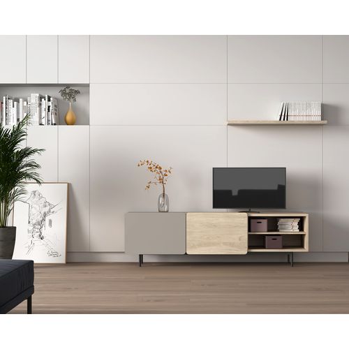 Meuble TV, Collection Biscuit, En Mélamine Avec 2 Portes Et 2 Étagères. Chêne Clair-taupe