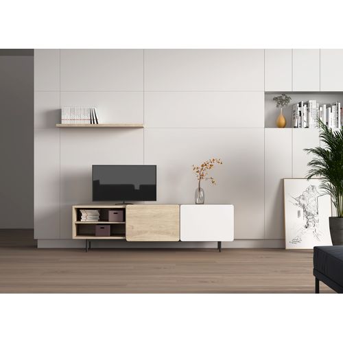 Meuble TV, Collection Biscuit, En Mélamine Avec 2 Portes Et 2 Étagères. Chêne Clair-blanc