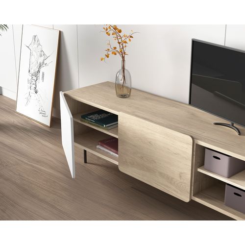 Meuble TV, Collection Biscuit, En Mélamine Avec 2 Portes Et 2 Étagères. Chêne Clair-blanc