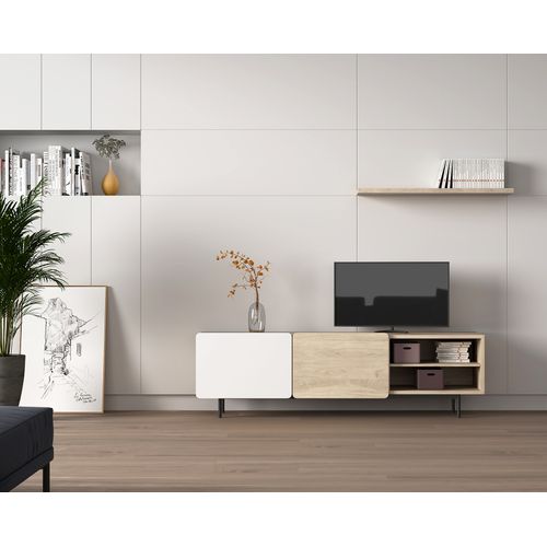 Meuble TV, Collection Biscuit, En Mélamine Avec 2 Portes Et 2 Étagères. Chêne Clair-blanc