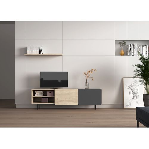 Meuble TV, Collection Biscuit, En Mélamine Avec 2 Portes Et 2 Étagères. Chêne Clair-graphite