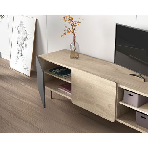 Meuble TV, Collection Biscuit, En Mélamine Avec 2 Portes Et 2 Étagères. Chêne Clair-graphite