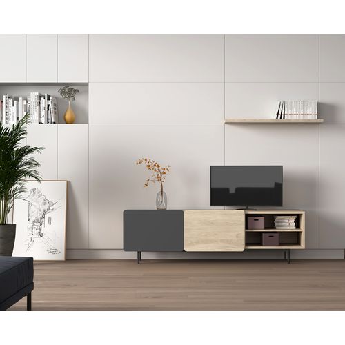 Meuble TV, Collection Biscuit, En Mélamine Avec 2 Portes Et 2 Étagères. Chêne Clair-graphite