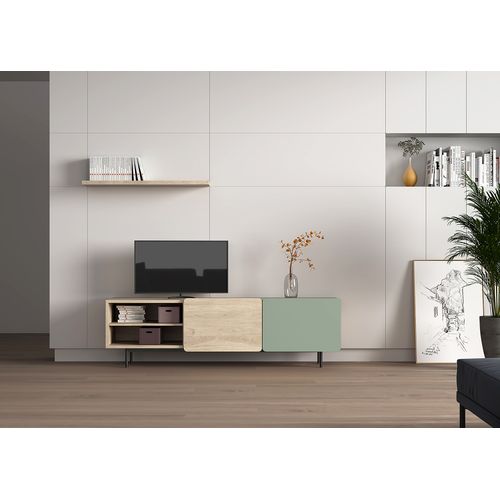 Meuble TV, Collection Biscuit, En Mélamine Avec 2 Portes Et 2 Étagères Ouvertes. Chêne Clair-vert