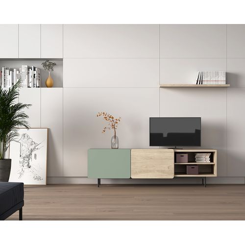 Meuble TV, Collection Biscuit, En Mélamine Avec 2 Portes Et 2 Étagères Ouvertes. Chêne Clair-vert