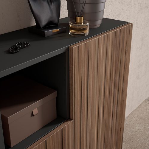 Meuble à Chaussures Modèle Moss, Graphite Portes Noyer Effet Lattes, 87x90x27 Cm