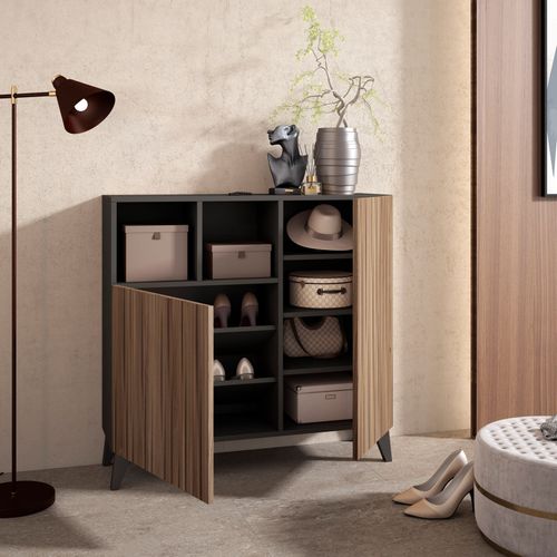 Meuble à Chaussures Modèle Moss, Graphite Portes Noyer Effet Lattes, 87x90x27 Cm