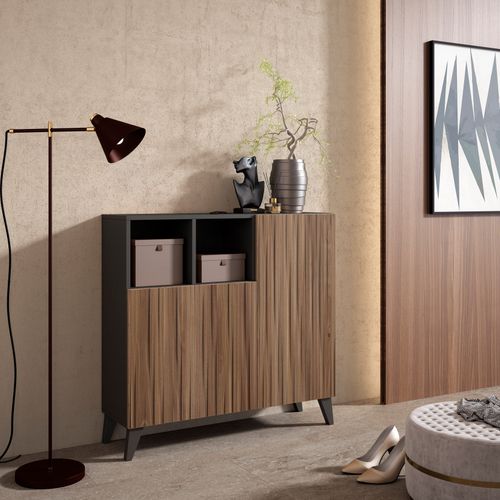 Meuble à Chaussures Modèle Moss, Graphite Portes Noyer Effet Lattes, 87x90x27 Cm