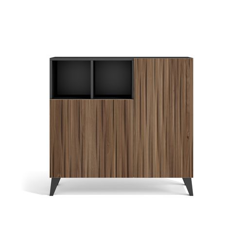 Meuble à Chaussures Modèle Moss, Graphite Portes Noyer Effet Lattes, 87x90x27 Cm