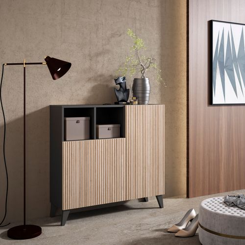 Meuble à Chaussures Modèle Moss, Graphite Portes Naturel Effet Lattes, 87x90x27 Cm