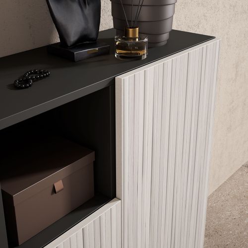 Meuble à Chaussures Modèle Moss, Graphite Portes Blanc Effet Lattes, 87x90x27 Cm