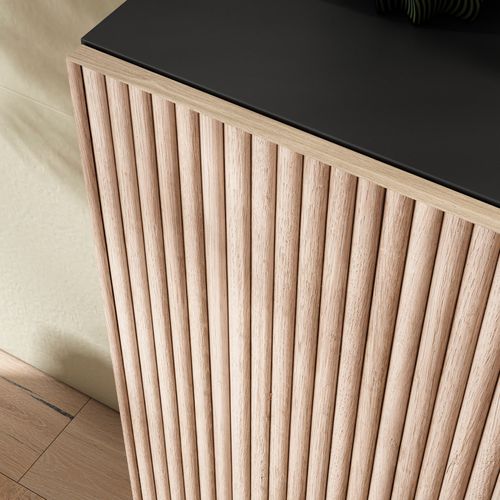 Meuble à Chaussures Modèle Sunne, Graphite Portes Naturel Effet Lattes, 87x90x27 Cm