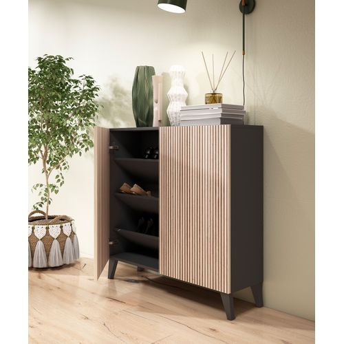 Meuble à Chaussures Modèle Sunne, Graphite Portes Naturel Effet Lattes, 87x90x27 Cm