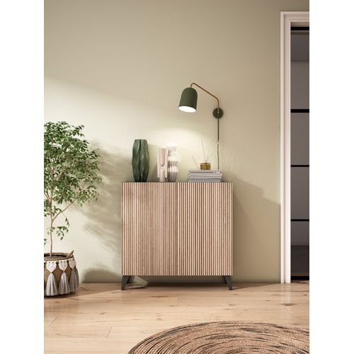 Meuble à Chaussures Modèle Sunne, Graphite Portes Naturel Effet Lattes, 87x90x27 Cm