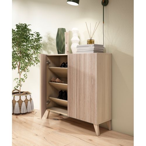 Meuble à Chaussures Modèle Sunne, Noyer Clair Portes Naturel Effet Lattes, 87x90x27 Cm