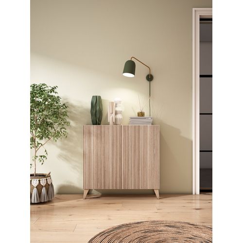 Meuble à Chaussures Modèle Sunne, Noyer Clair Portes Naturel Effet Lattes, 87x90x27 Cm