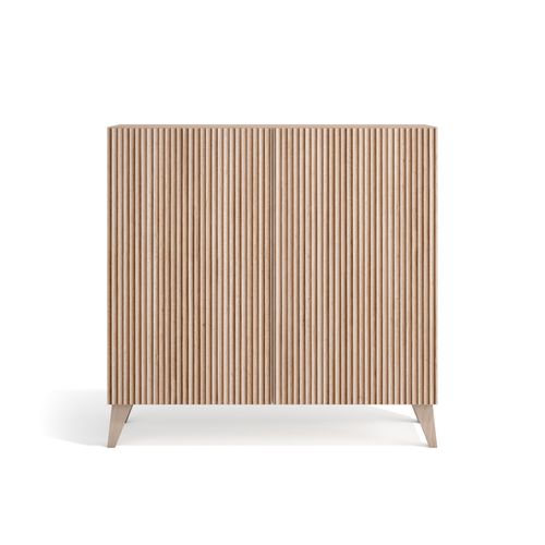 Meuble à Chaussures Modèle Sunne, Noyer Clair Portes Naturel Effet Lattes, 87x90x27 Cm