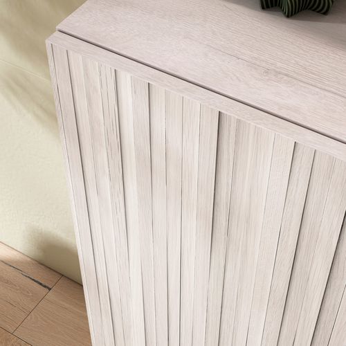 Meuble à Chaussures Modèle Sunne, Blanc Antique Portes Effet Lattes, 87x90x27 Cm