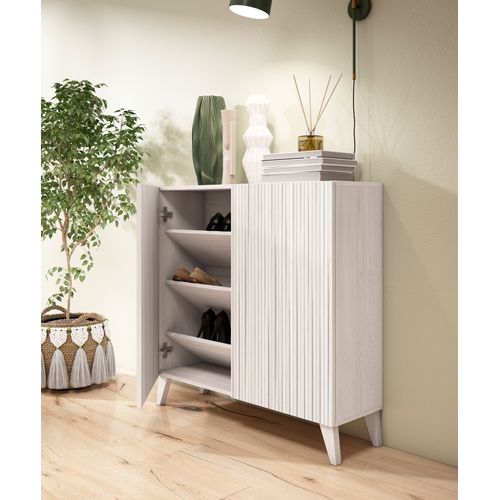 Meuble à Chaussures Modèle Sunne, Blanc Antique Portes Effet Lattes, 87x90x27 Cm